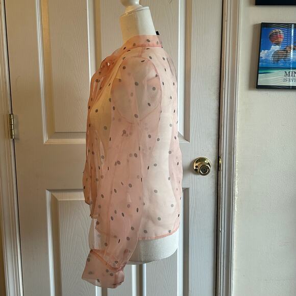 Forever 21 Sheer Pink Puff Sleeve Black Polka Dot Top Blouse Ties at Neck S - Picture 4 of 9